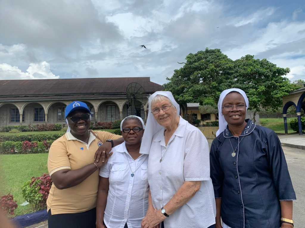 Genevieve welcomed by non walkers, Srs. Agnes, Ann and Terry